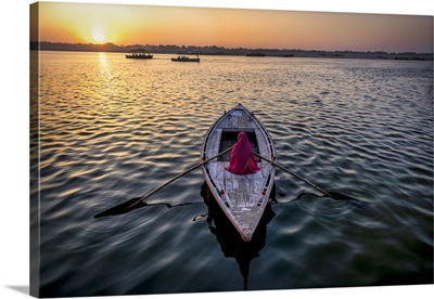 Longtail Boat With Woman Rowing, Varinasi, India