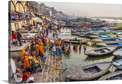 Longtail Boats And People Praying, Varinasi, India