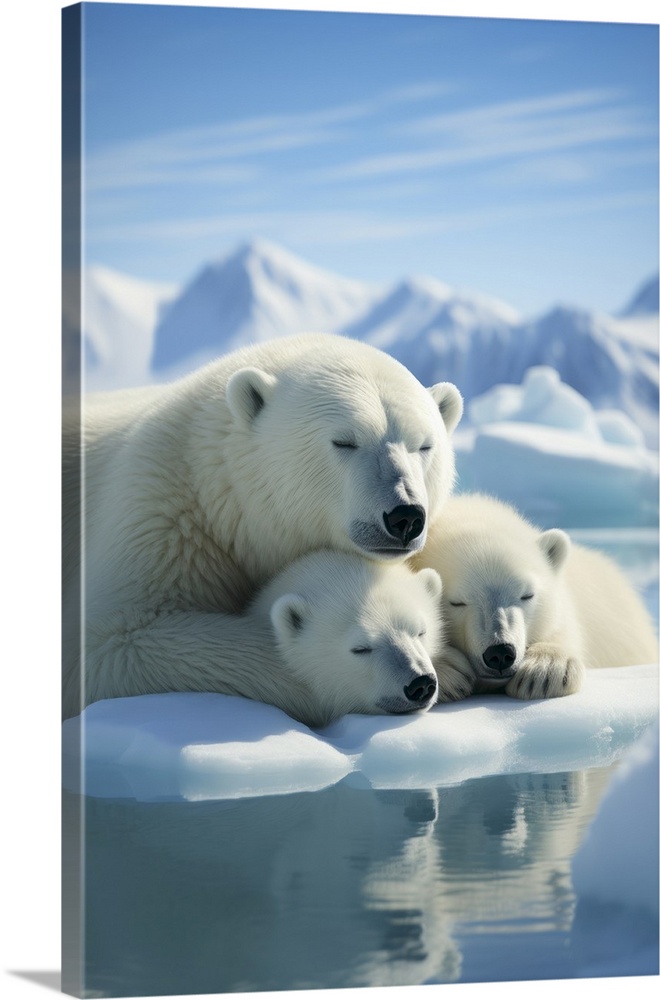 Mama polar bear sleeping with her cubs.