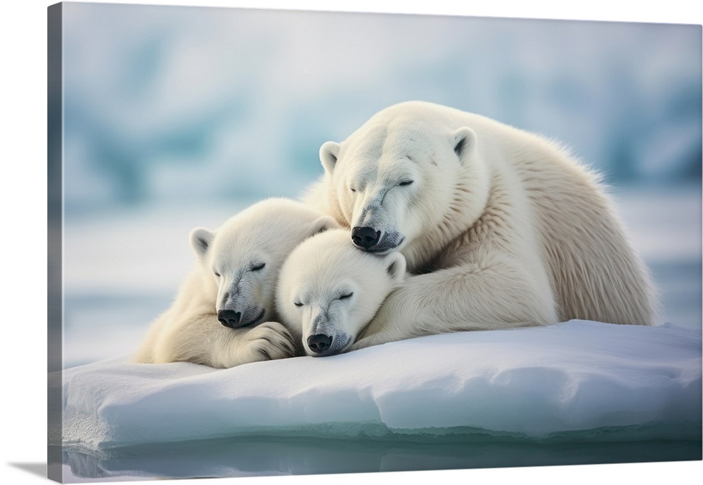 Mama polar bear sleeping with her cubs in the artic.