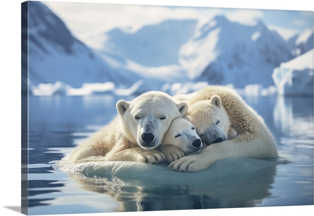 Mama polar bear sleeping with her cubs.