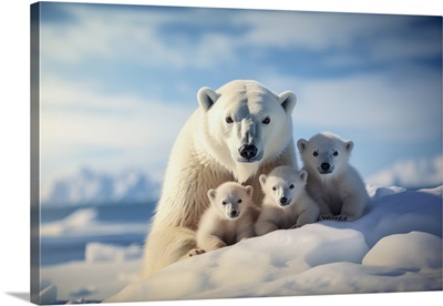 Mama Polar Bear With Her Cubs