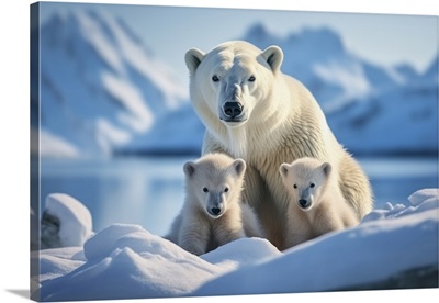 Mama Polar Bear With Her Cubs