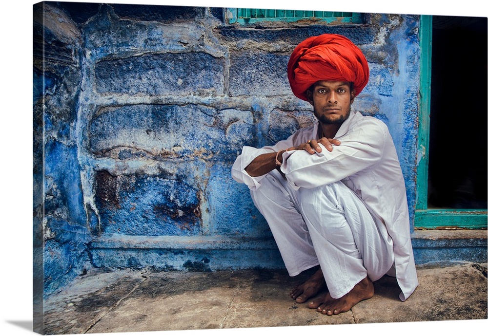 Man with red turban in the Blue City of Jodhpur, India.