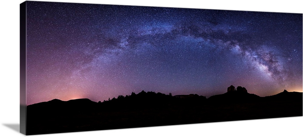 Milky Way panorama over Cathedral Rocks in Sedona, Arizona.