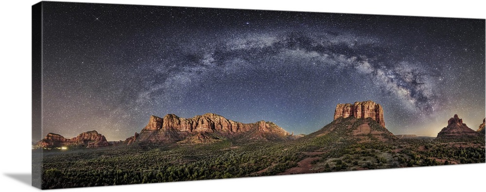 Milky Way panorama with moonlight in Sedona, Arizona.
