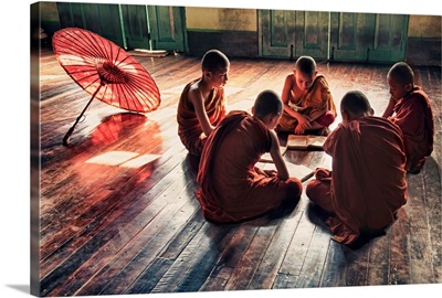 Monk boys reading in their monastery, Yangon, Burma