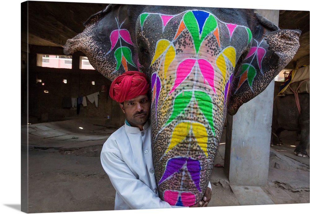 Painted elephant and its trainer in Jaipur, India.