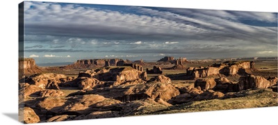 Panorama of Hunts Mesa rock formation in Monument Valley, Arizona