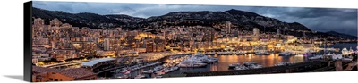 Panorama of Monte Carlo and the harbor after dark