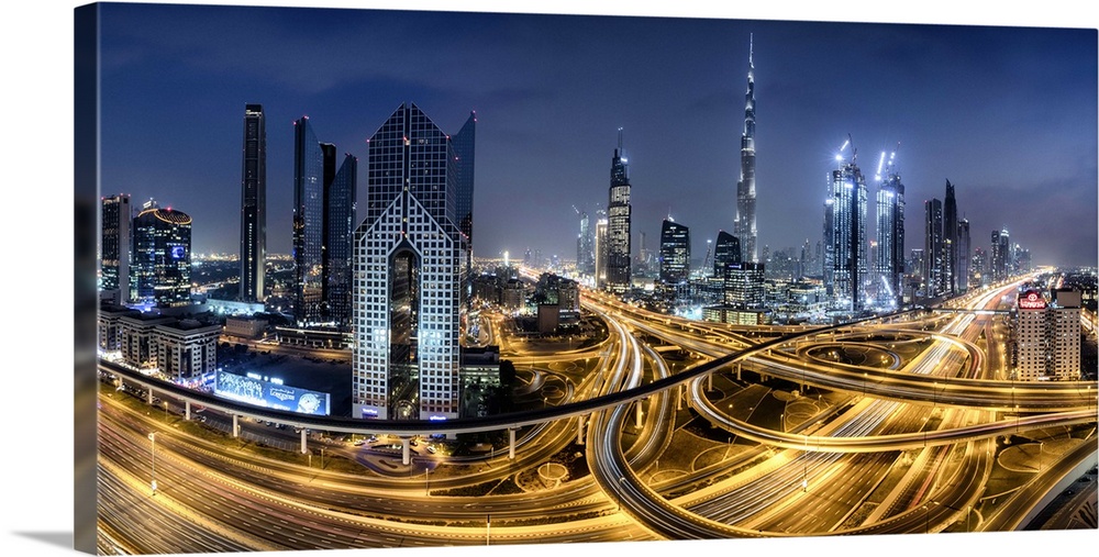 Panorama of the Burj Khalifa and massive interchange of Dubai.