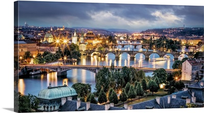 Panorama Of Vltava River And Bridges In Prague At Sunset