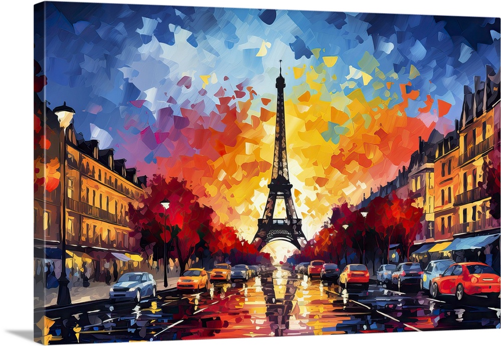 Paris and the eiffel tower after dark, painting, brush strokes, champs elysees.