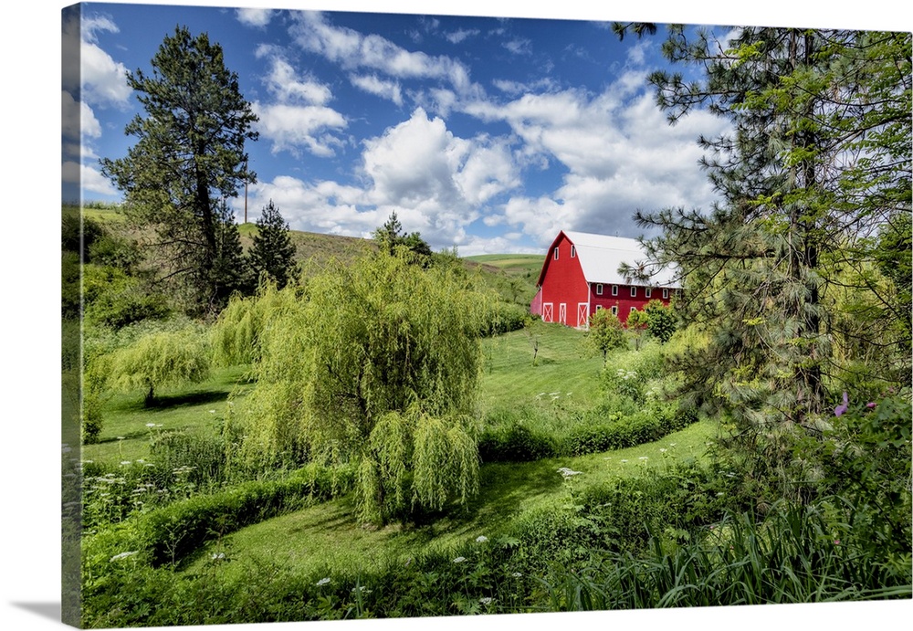Red barn and gardens in the Palouse region of Washington.