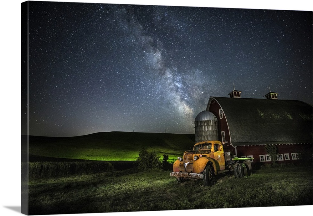 Red barn and tractor under the Milky Way in the Palouse, Washington