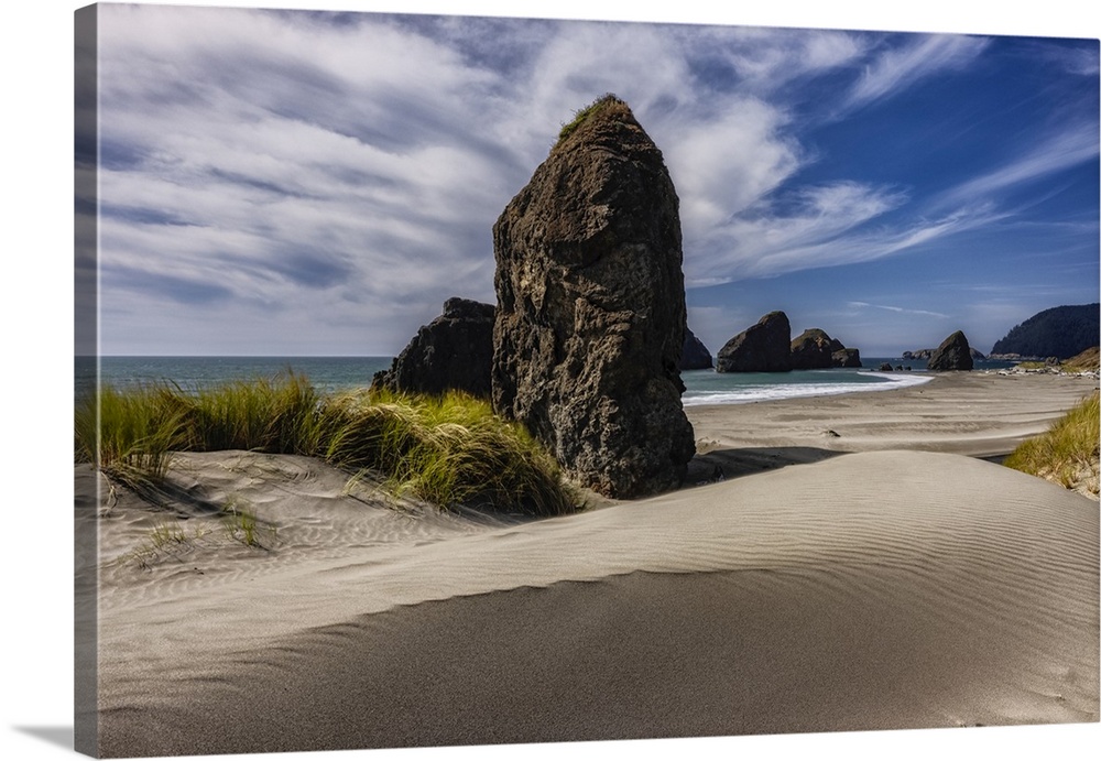 Seastacks and sand dunes on the Oregon Coast.