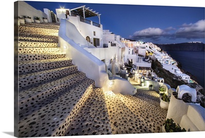 Stairs with a view of Oia, Santorini, Greece