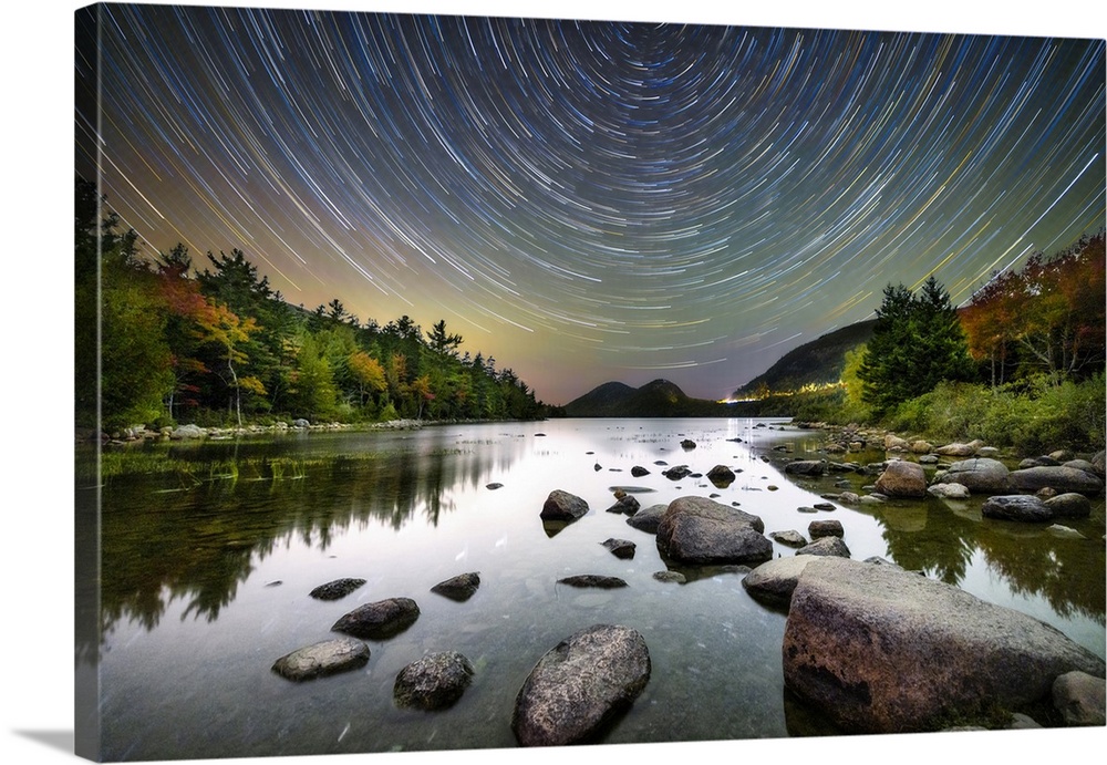 Star trails over Jordan Pond in Acadia