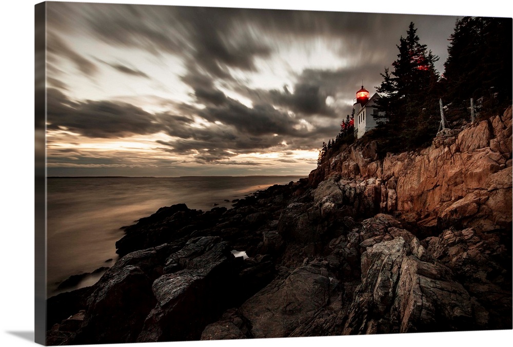 The Bass Harbor Lighthouse after dark in Maine.