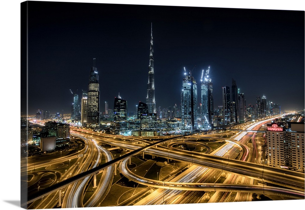 The Burj Khalifa and massive interchange of Dubai.