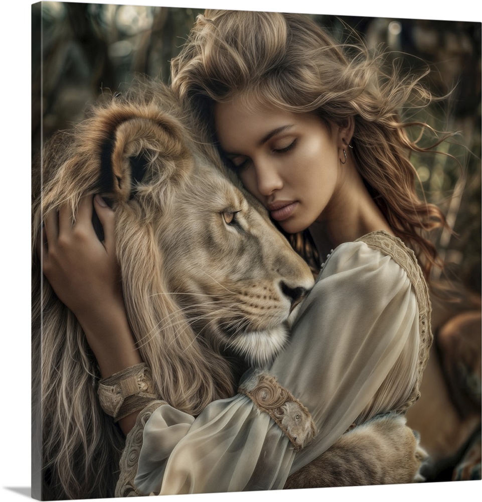 Woman hugging her lion.