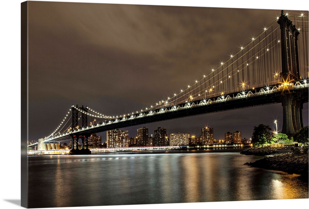 The Manhattan Bridge in NYC after dark.