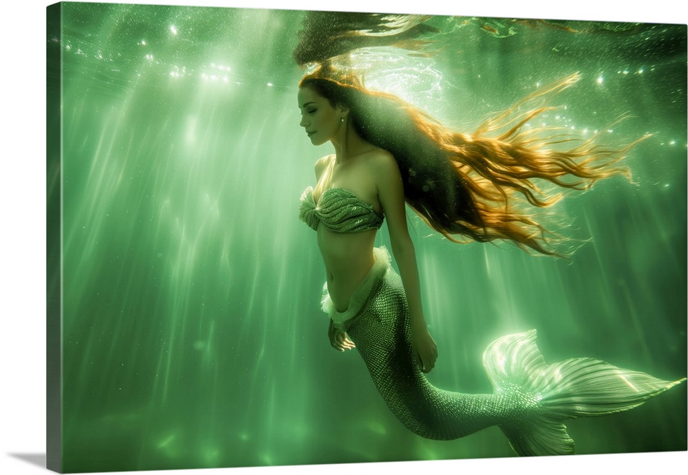 Mermaid with her eyes closed in the ocean.