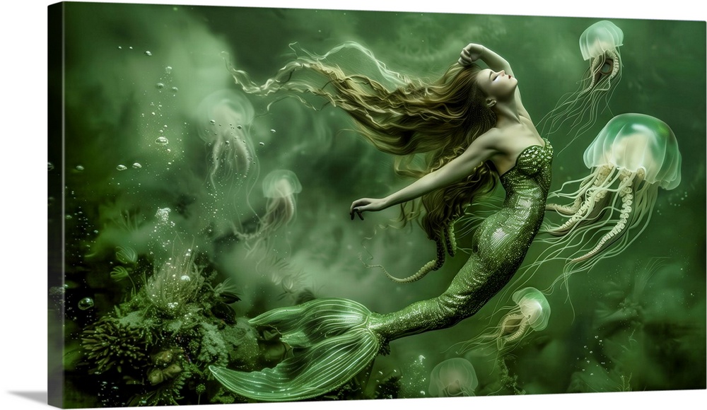 Mermaid in deep green water with jellyfish and octopus.