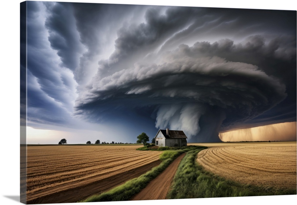 Tornado over old house and wheatfields.