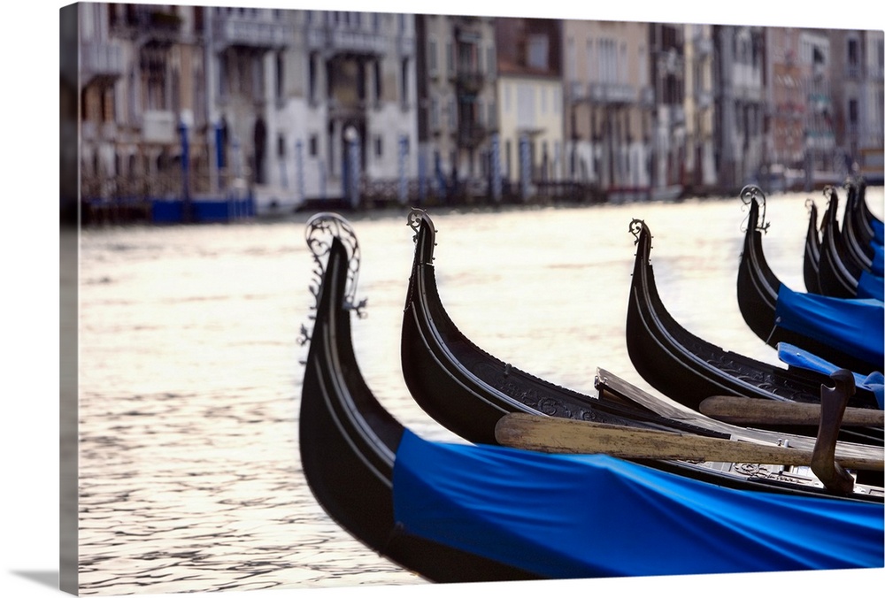 Horizontal photograph on a big canvas of a row of the front ends of gondolas on the water.  A row of buildings slightly ou...