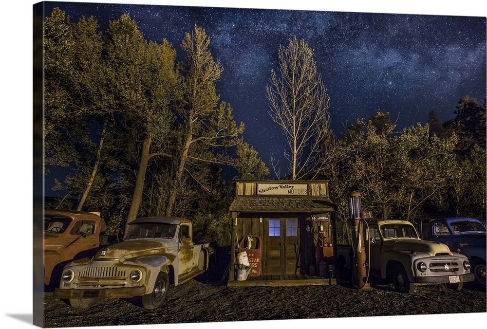 Vintage gas station and old cars after dark in the Palouse, Washington
