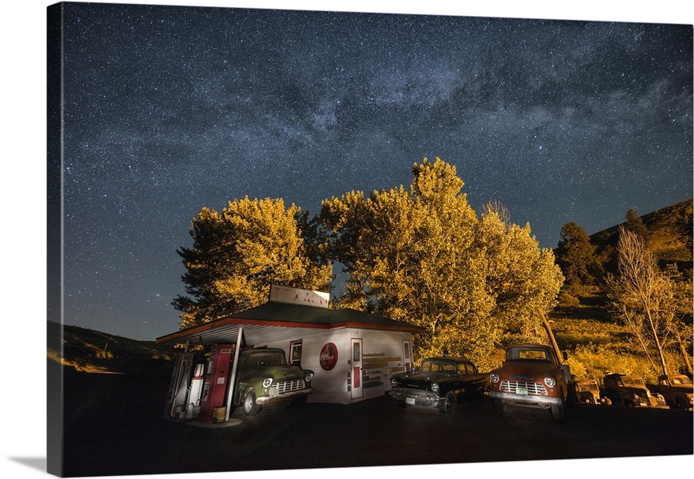Vintage Texaco gas station after dark in the Palouse, Washington.