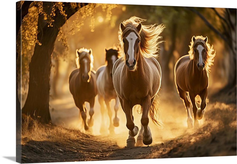 Wild horses running in a forest at sunset.