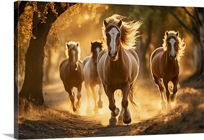 Wild Horses Running In A Forest At Sunset