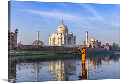 Woman Gathering Water Behind The Taj Mahal