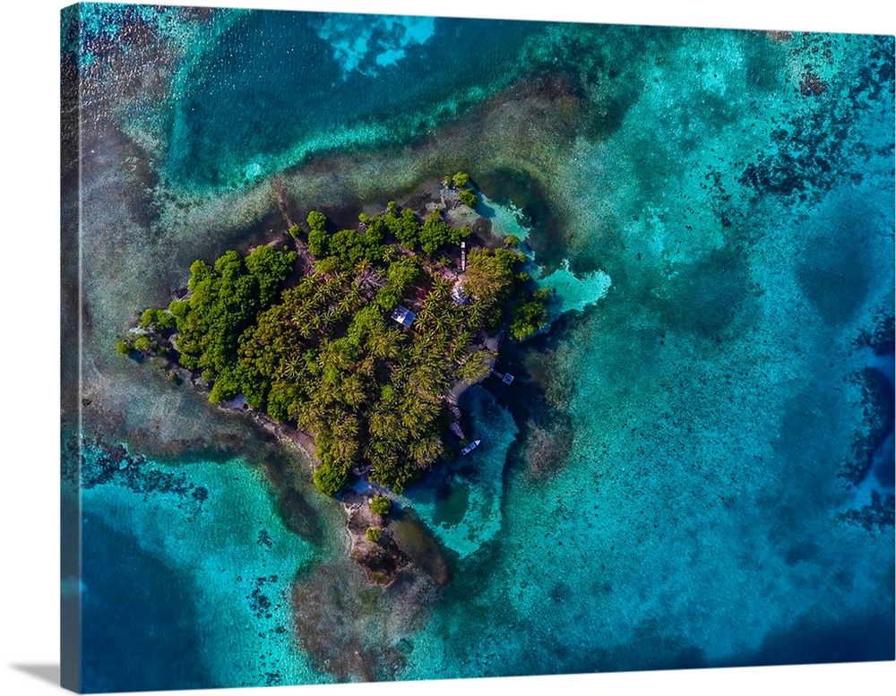Aerial view of tropical island Buttonwood Caye in Belize, 2016.