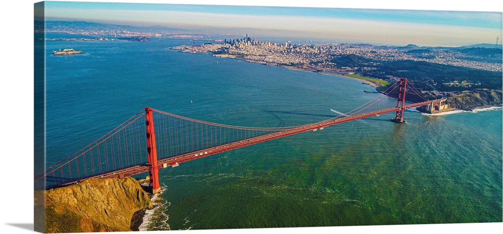 Aerial view of the iconic golden gate bridge near San Francisco. Location: San Francisco, California.