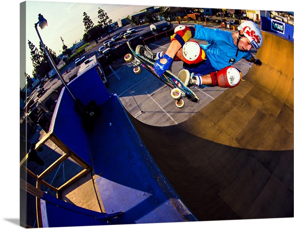 Bod Boyle skateboarding off a ramp at Vans Off The Wall Skatepark in Huntington Beach, California.