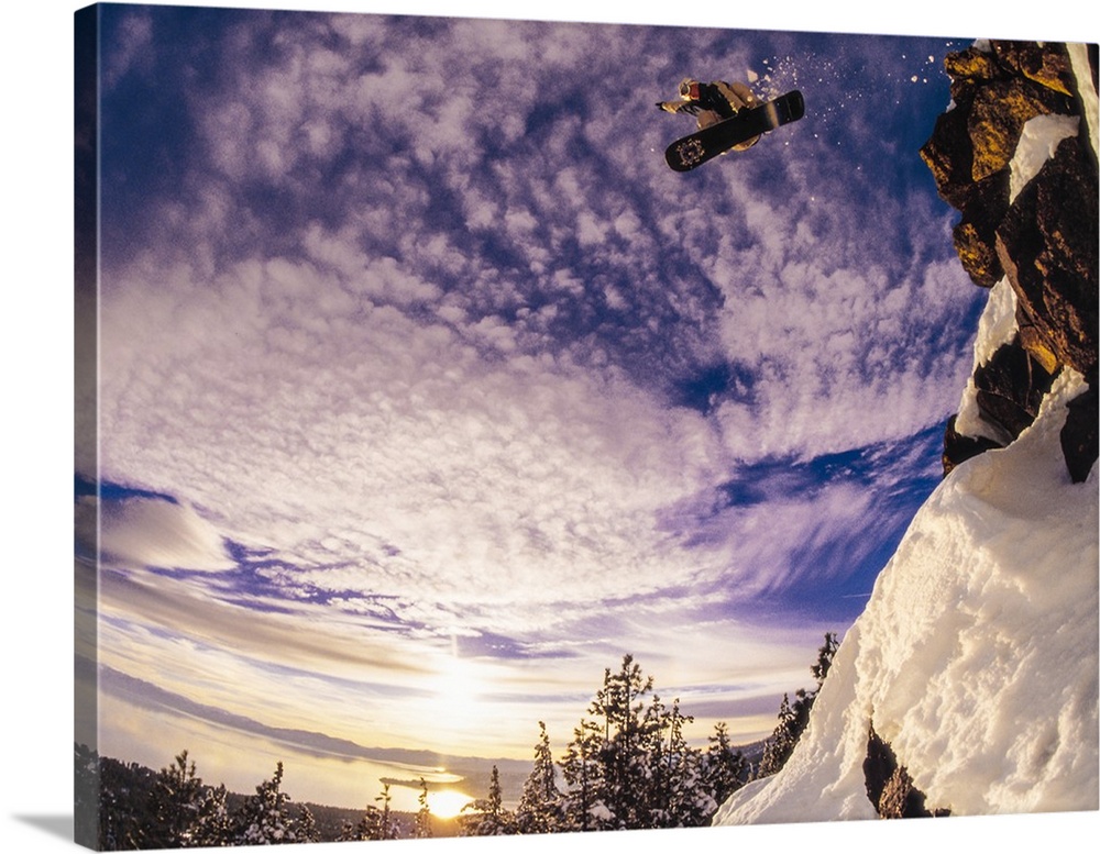 Morgan Stanford jumping on his snowboard at Lake Tahoe, California.