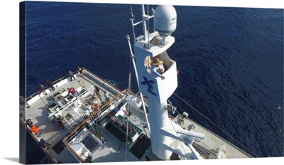 The crow's nest on the fishing boat Excel searching for tuna offshore, Mexico