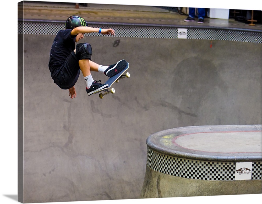 Tom Schaar jumping on his skateboard at Vans Off The Wall Skatepark in Huntington Beach, California, 2016.
