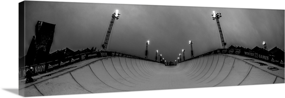 Black and white panorama of the Halfpipe at the 2016 XGames at Aspen, Colorado.