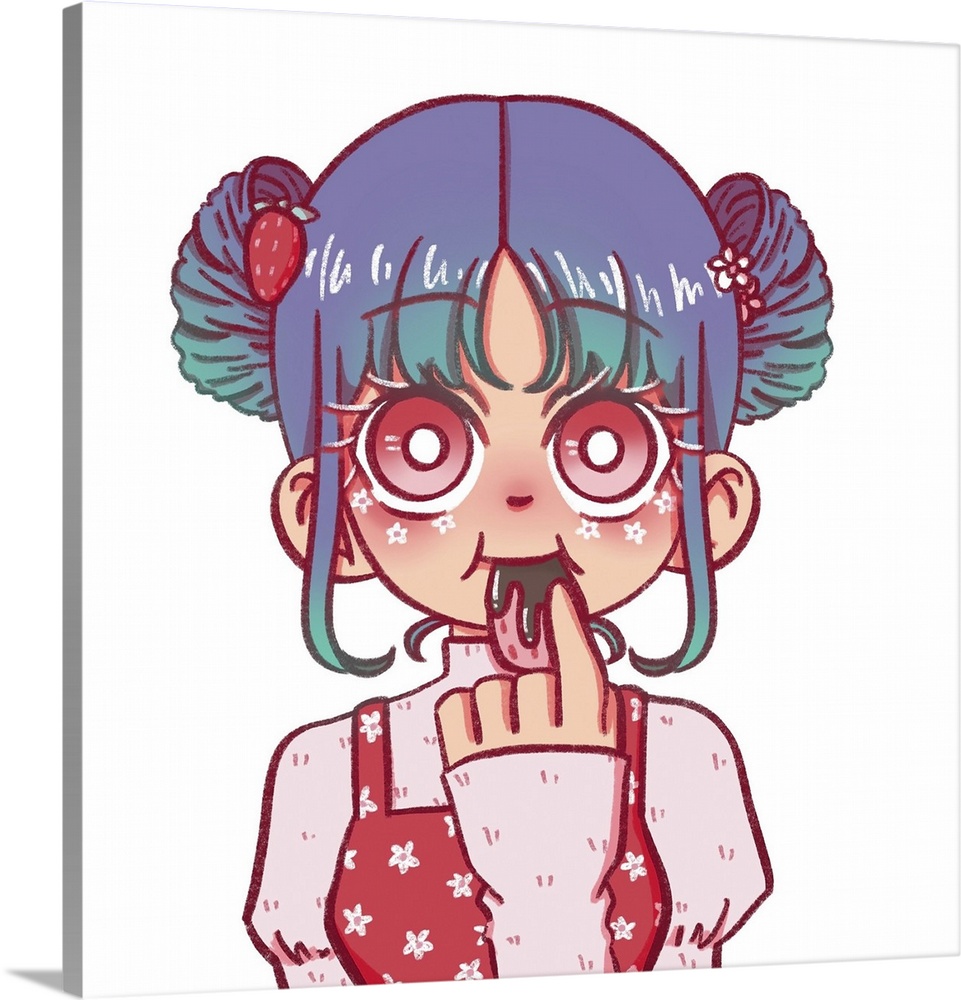 Originally a fully coloured digital illustration of a girl eating strawberry.