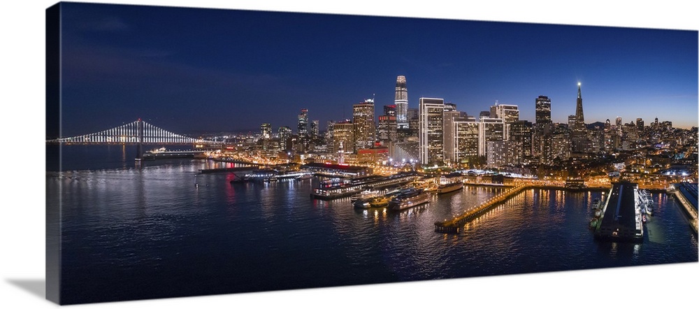 Aerial Panoramic View Of San Francisco At Dusk With Holiday City Lights, California