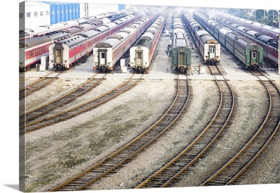 Aerial View For The Railway Hub With Many Row Of Carriages, China
