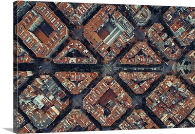 Aerial View Of Barcelona Street With Beautiful Patterns, Spain