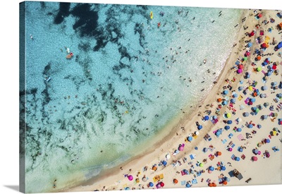 Aerial View Of Beach With Umbrellas And Swimmers, Mallorca, Balearic Islands, Spain