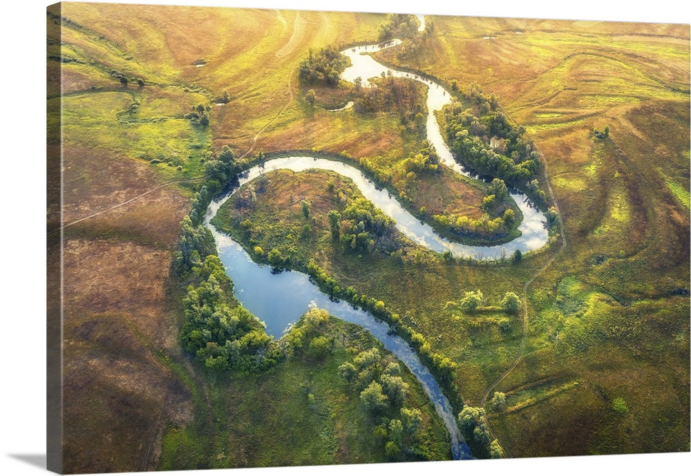 Aerial View Of Beautiful Curving River At Sunrise In Summer
