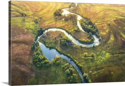 Aerial View Of Beautiful Curving River At Sunrise In Summer