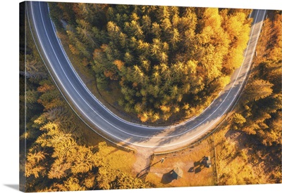 Aerial View Of Mountain Road In Beautiful Forest At Sunset In Autumn